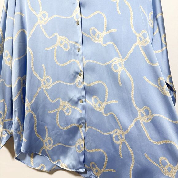 ZARA Blue Rope Print Satin Button Up Shirt XXL Long Sleeve Blouse Top - Picture 3 of 10